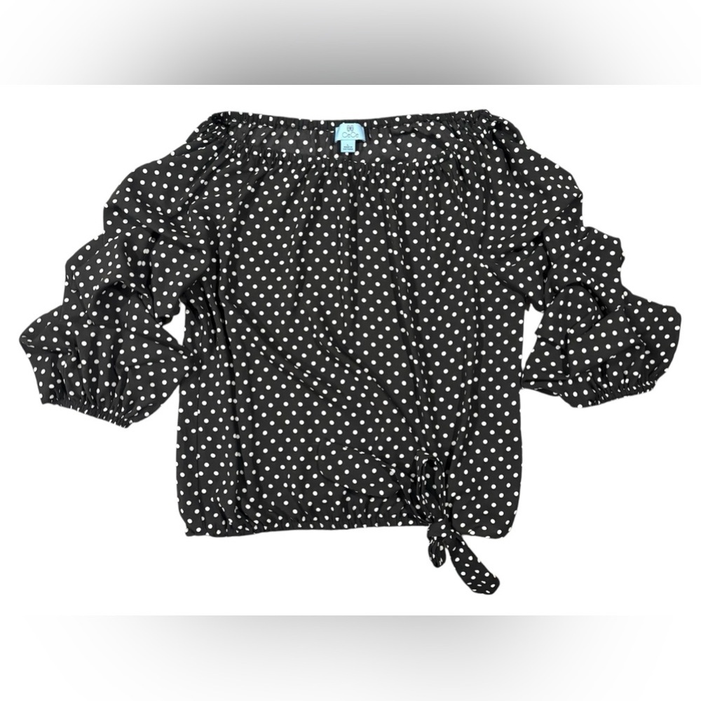CeCe Blouse Woman’s Large Multi Polka Dot Fitted Off The Shoulder Tie Hum
